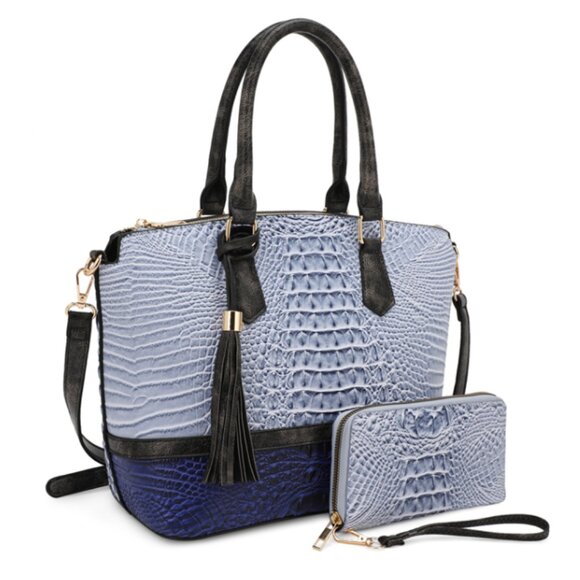 2-in-1 Crocodile Embossed Satchel Tote Handbag with Matching Wallet Blue - Picture 1 of 5